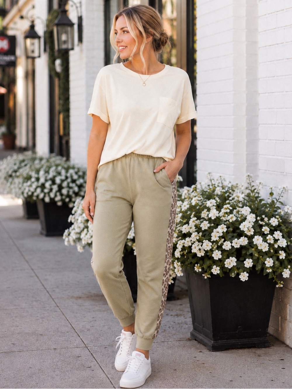 NEW Umgee Light Olive Green Animal Print Side Panel Terry Joggers Lounge Pants